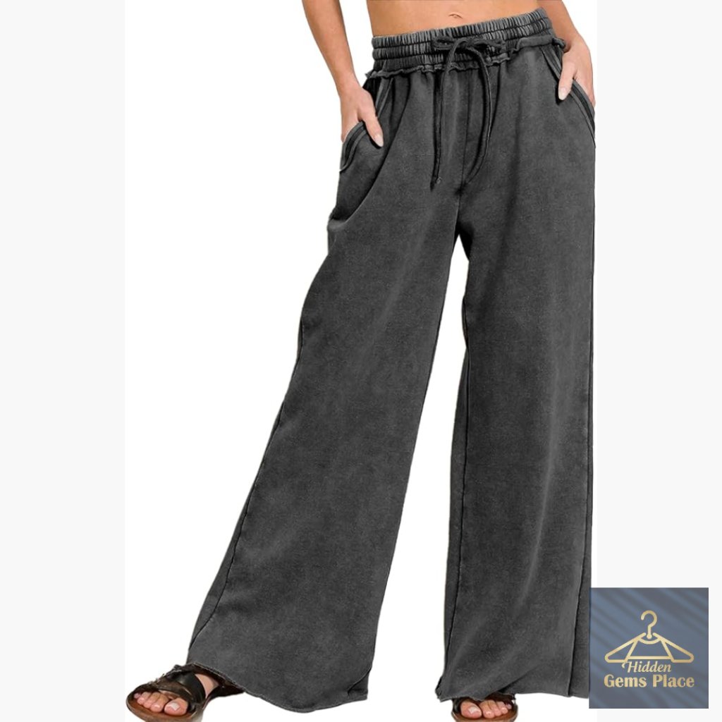 High Waist Wide Leg Sweatpants, Acid Wash Palazzo Pants, Drawstring Fleece